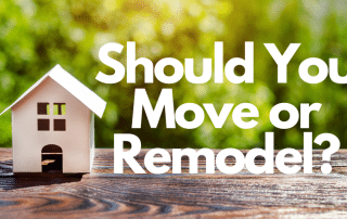 Small wood house concept. Green Tree Background. Words "Should you move or remodel?"
